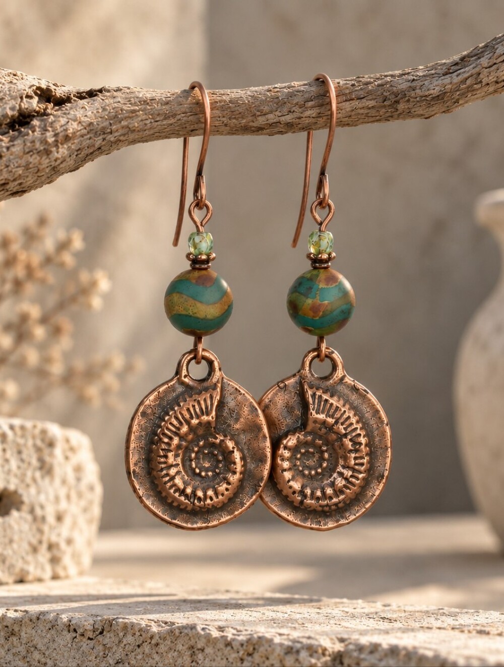 Copper Ammonite Earrings Green Agate Fossil Hand Crafted